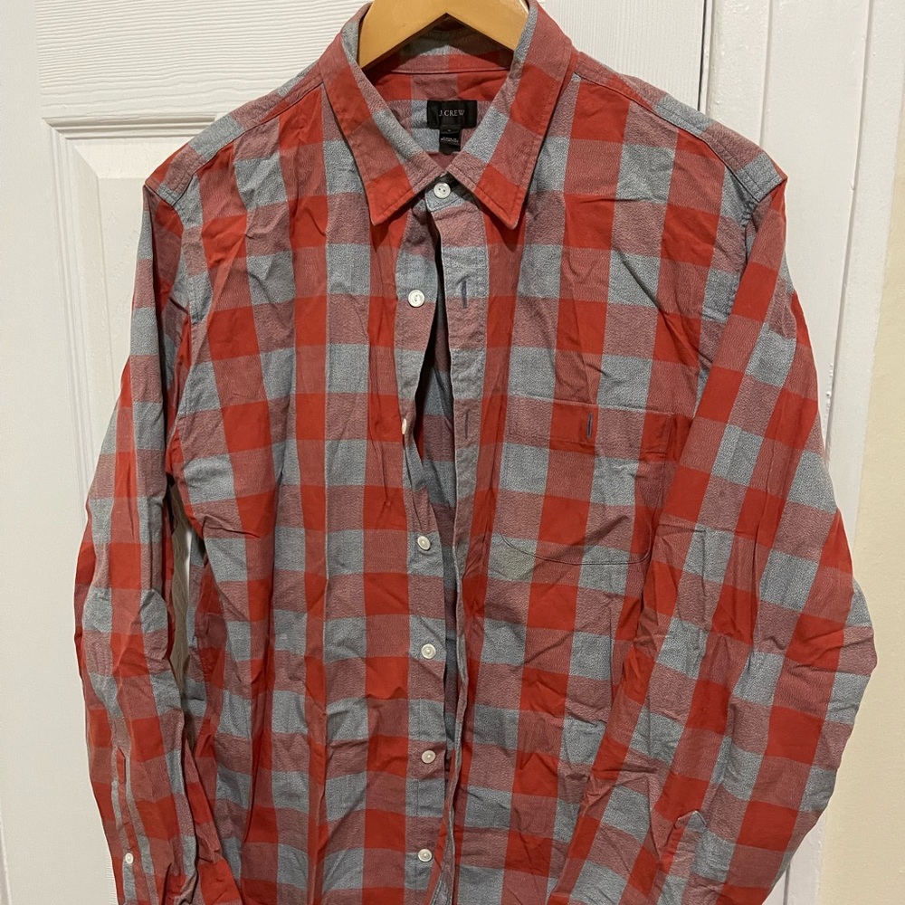 J Crew Plaid Shirt Red Grey Mens Sz L